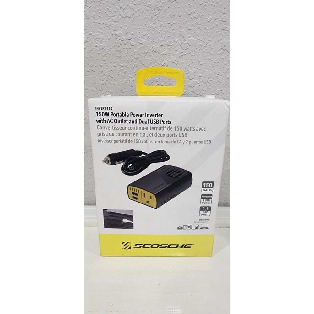 New Scosche - INVERT150 Portable Power Inverter - Black- NIB AC Outlet USB Ports